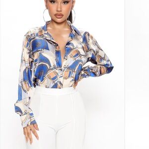 Satin Shirt - Blue/Beige Print